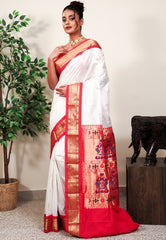 White with Red Border Paithani Pure Silk Saree With Blouse Piece