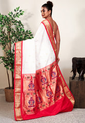 White with Red Border Paithani Pure Silk Saree With Blouse Piece