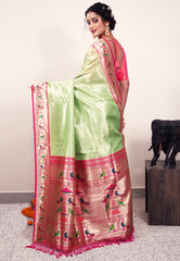 Parrot Green Tissue Brocade with Rani Pink Border Paithani Silk Saree With Blouse Piece