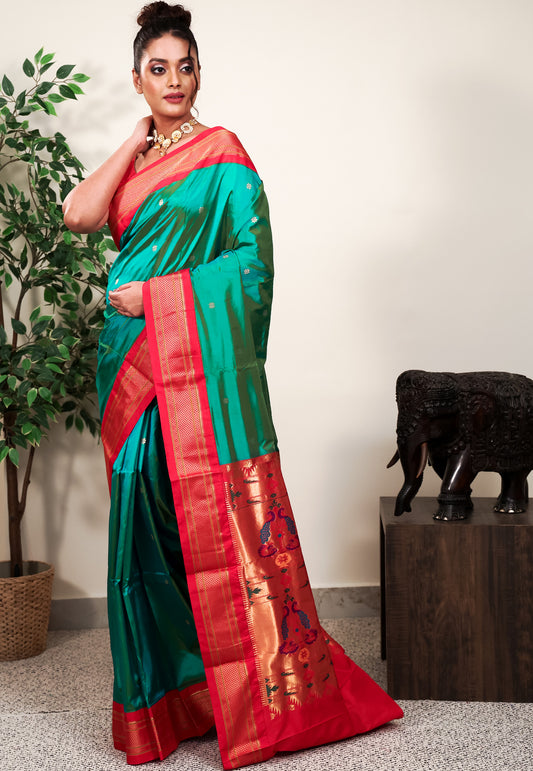 Peacock Blue with Red Border Paithani Pure Silk Saree With Blouse Piece