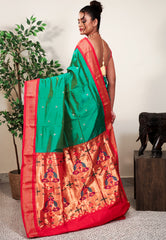 Peacock Blue with Red Border Paithani Pure Silk Saree With Blouse Piece