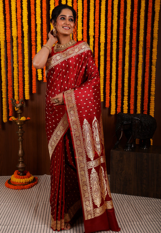 Maroon Wedding Banarasi Silk Saree with Blouse Piece