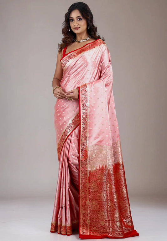 Pink with Red Border Pastel Benarasi Saree With Blouse Piece