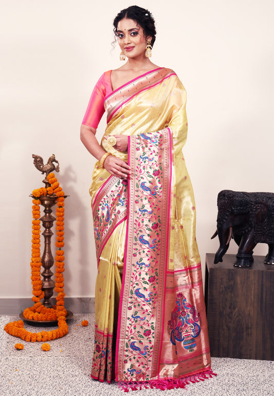 Golden Tissue Brocade with Rani Pink Border Paithani Silk Saree With Blouse Piece