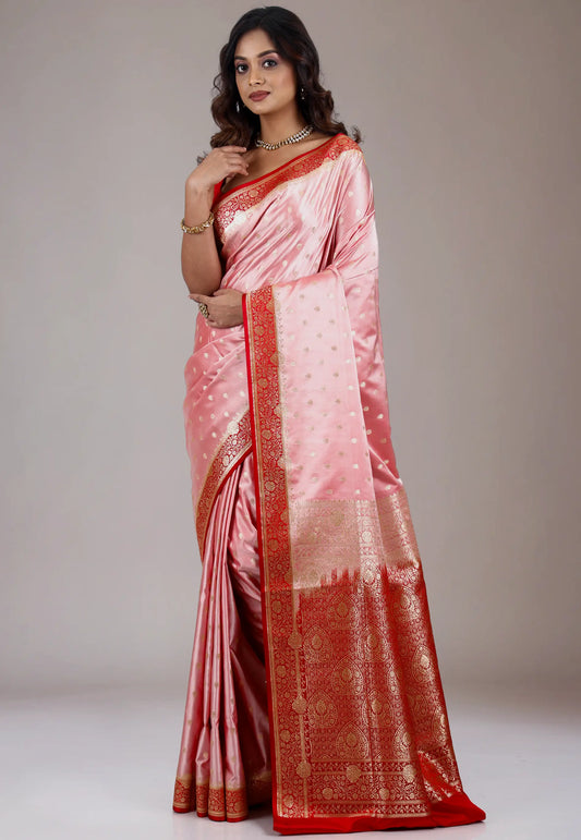 Pink with Red Border Pastel Benarasi Saree With Blouse Piece