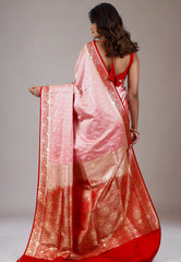 Pink with Red Border Pastel Benarasi Saree With Blouse Piece