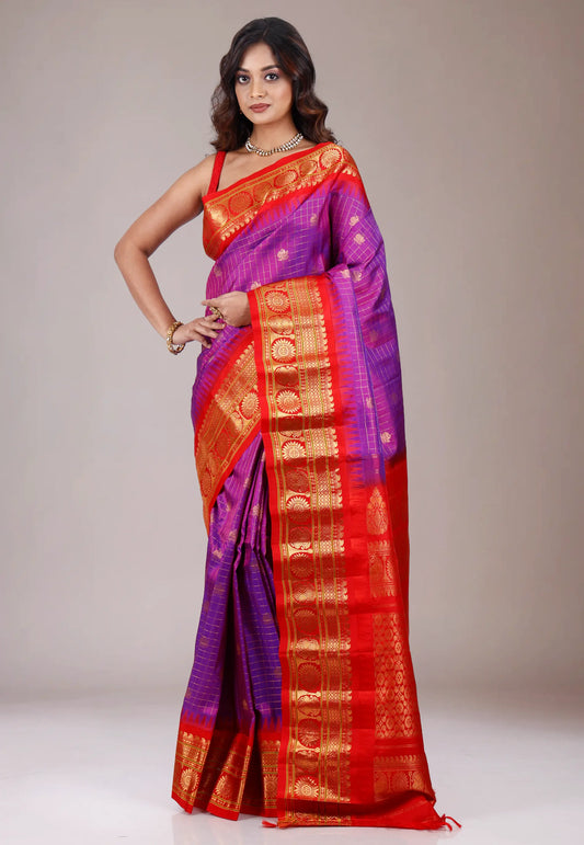 Purple with Red Border Gadwal Pure Silk Saree With Blouse Piece