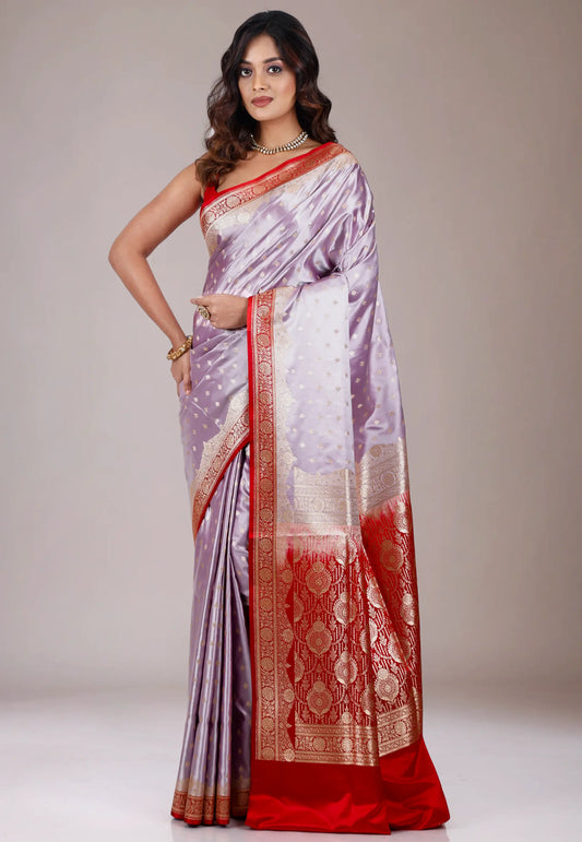Lavender with Red Border Pastel Benarasi Saree With Blouse Piece