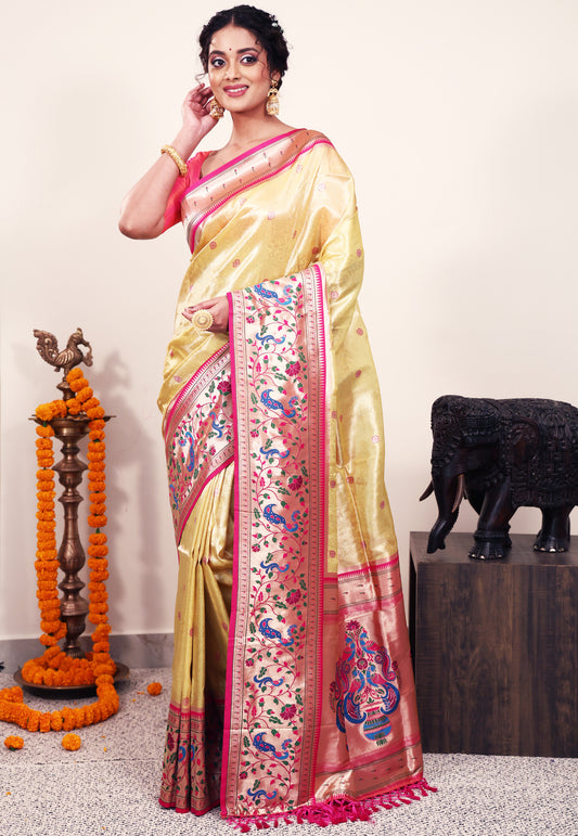 Golden Tissue Brocade with Rani Pink Border Paithani Silk Saree With Blouse Piece