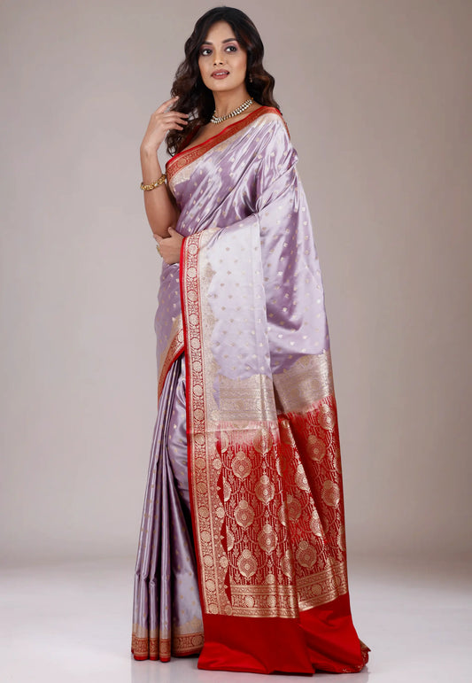 Lavender with Red Border Pastel Benarasi Saree With Blouse Piece