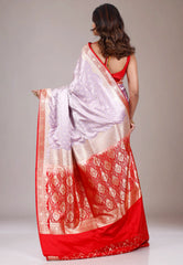 Lavender with Red Border Pastel Benarasi Saree With Blouse Piece