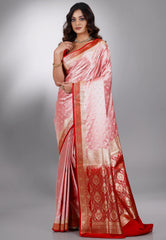 Pink with Red Border Pastel Benarasi Saree With Blouse Piece