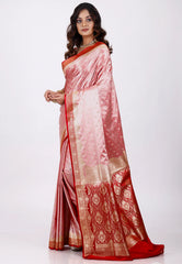 Pink with Red Border Pastel Benarasi Saree With Blouse Piece