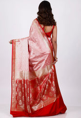 Pink with Red Border Pastel Benarasi Saree With Blouse Piece
