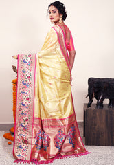 Golden Tissue Brocade with Rani Pink Border Paithani Silk Saree With Blouse Piece