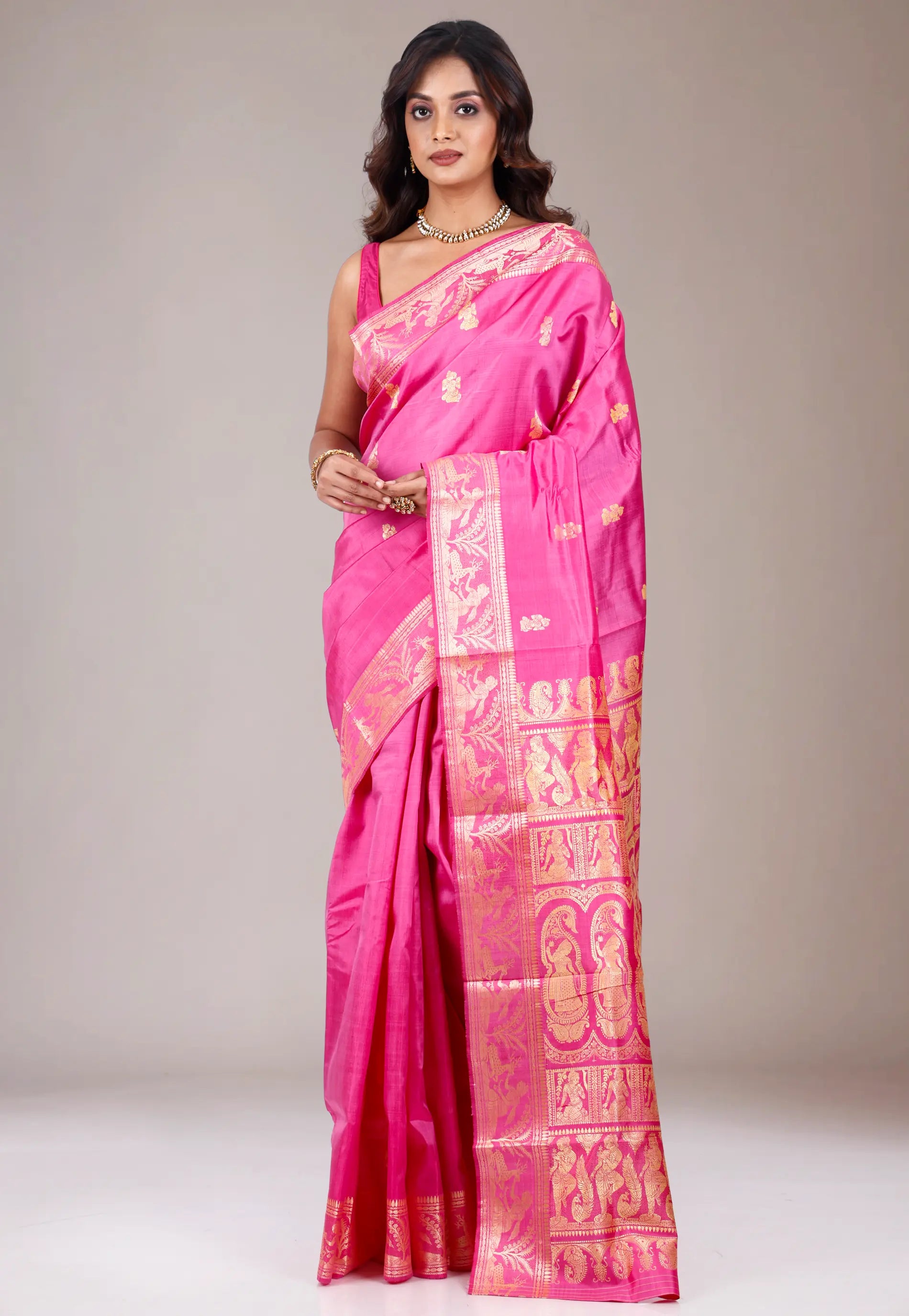 Rani Pink Baluchari Pure Silk Saree with Blouse Piece