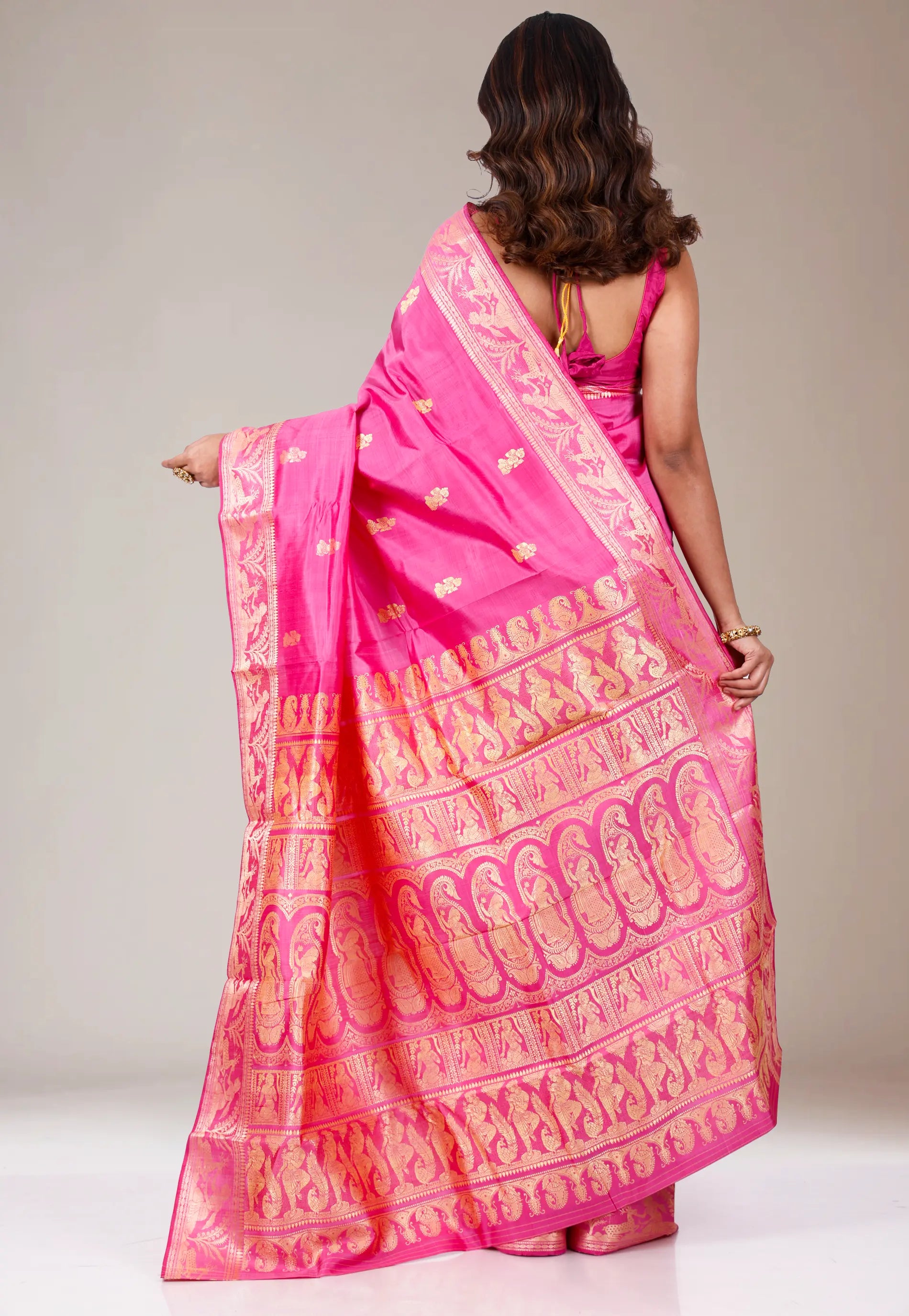 Rani Pink Baluchari Pure Silk Saree with Blouse Piece