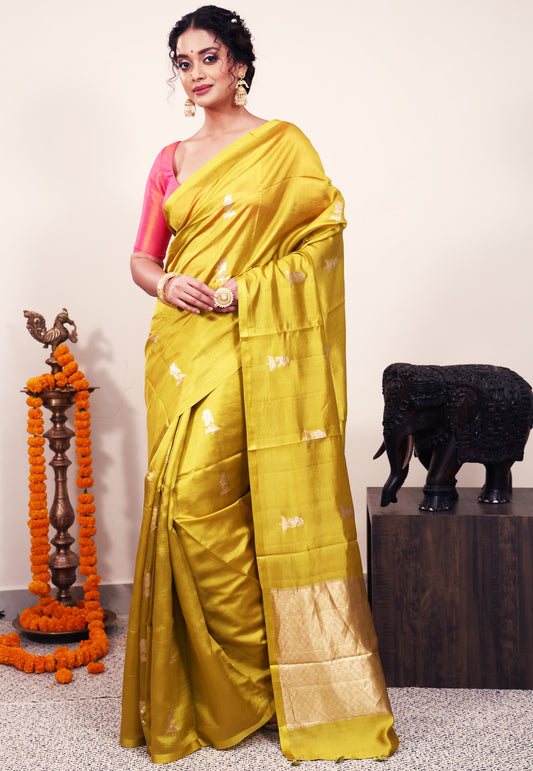 Yellow Katan Silk Saree With Blouse Piece