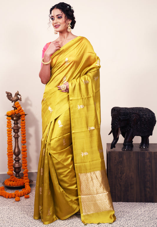 Yellow Katan Silk Saree With Blouse Piece