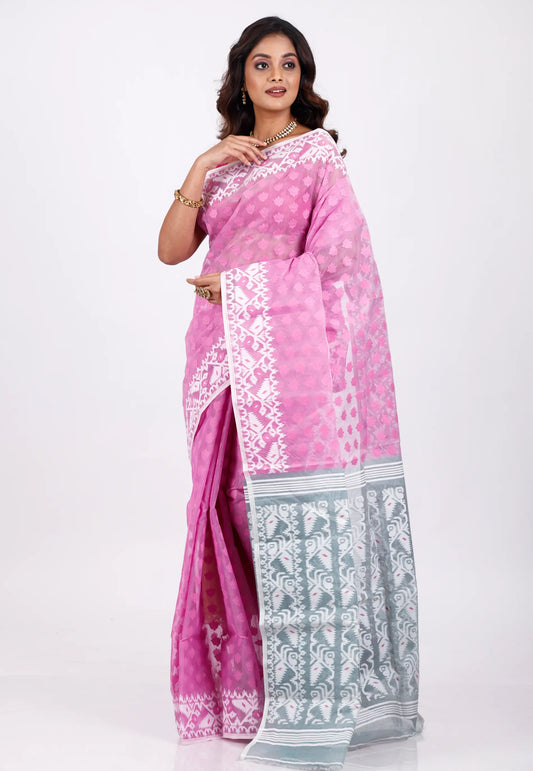 Pink Dhakai Jamdani Cotton Saree without Blouse Piece