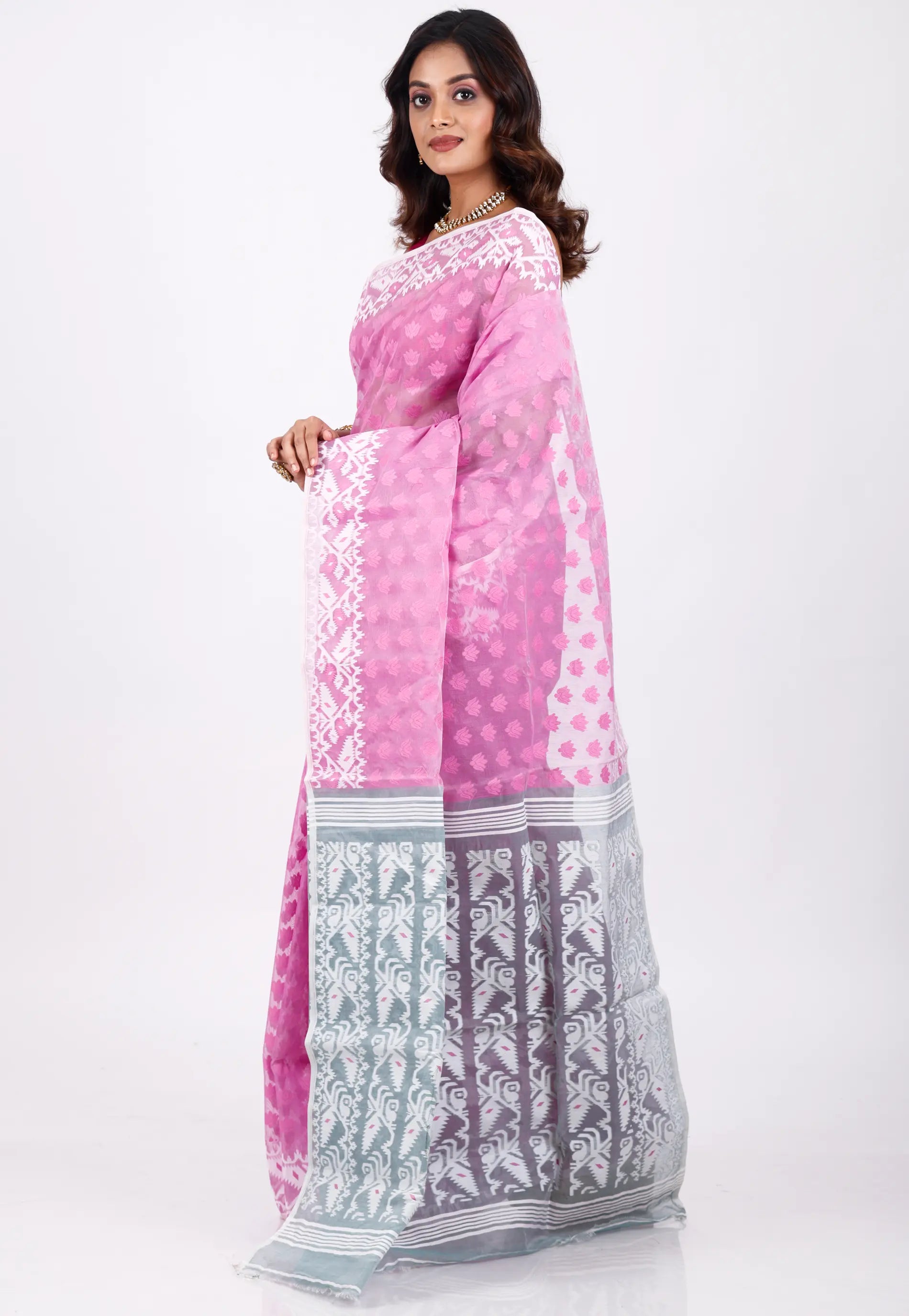 Pink Dhakai Jamdani Cotton Saree without Blouse Piece