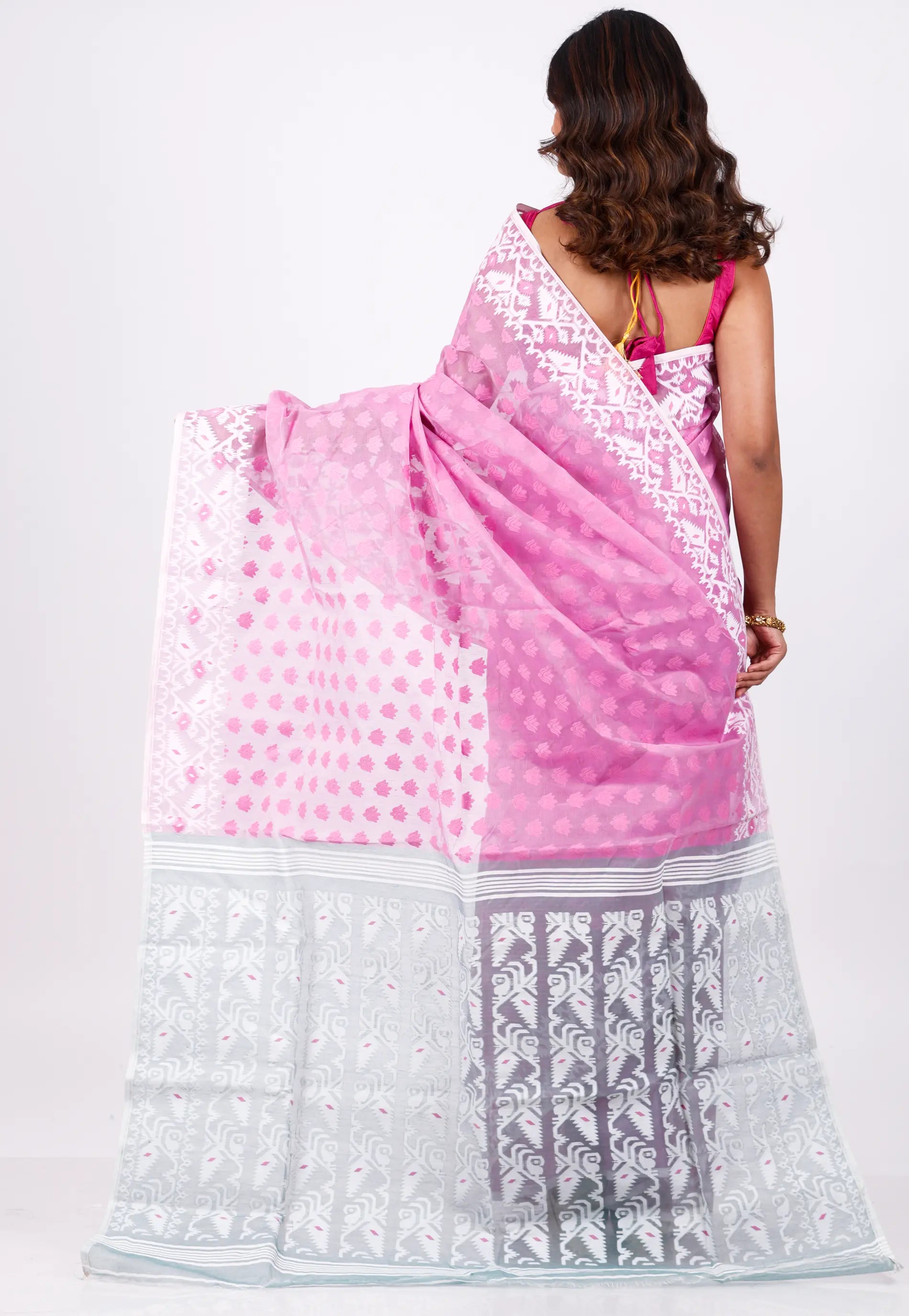 Pink Dhakai Jamdani Cotton Saree without Blouse Piece