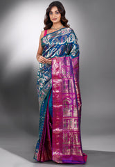 Blue Baluchari Pure Silk Saree with Blouse Piece