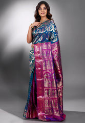 Blue Baluchari Pure Silk Saree with Blouse Piece