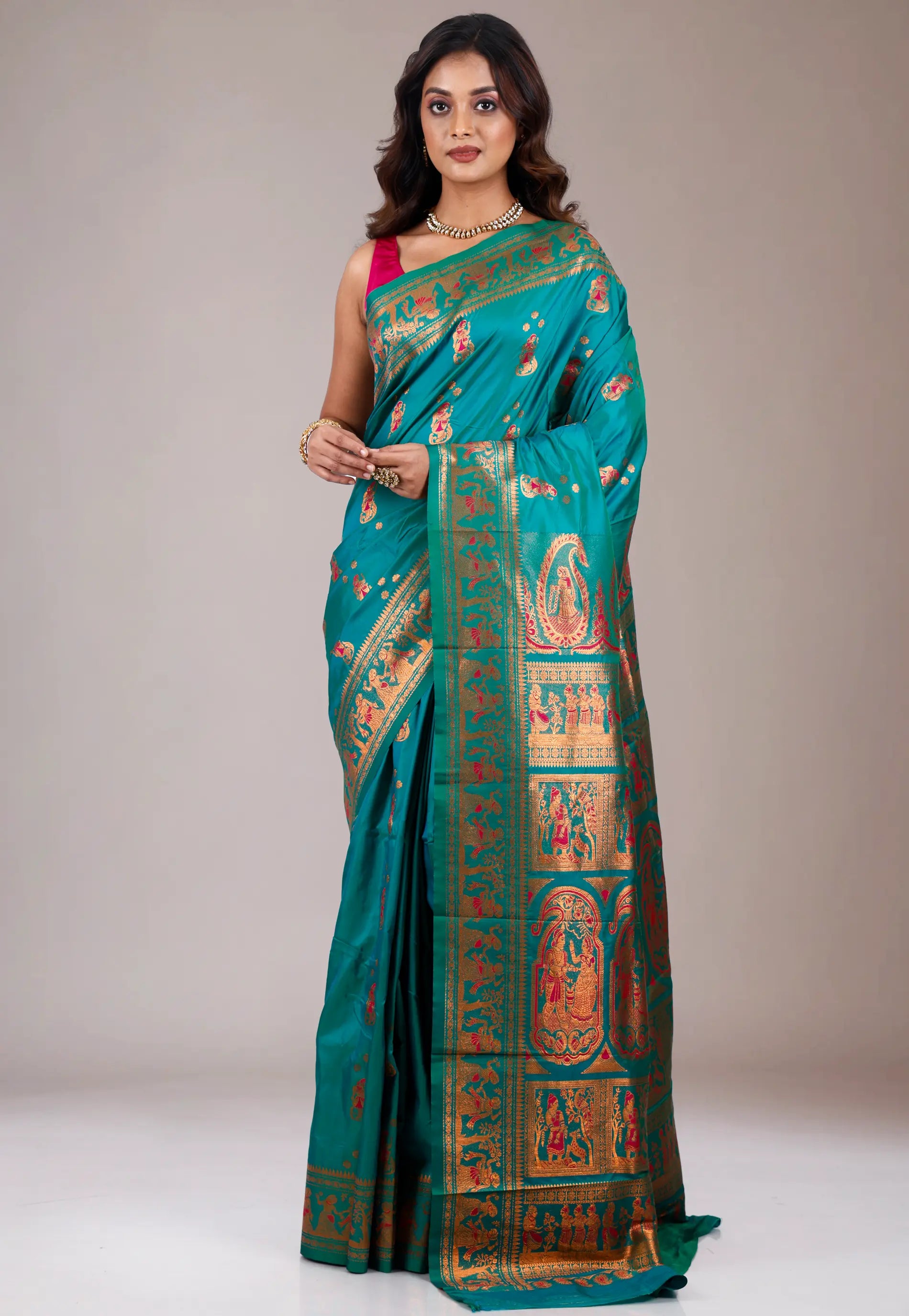 Bottle Green Baluchari Silk Saree with Blouse Piece