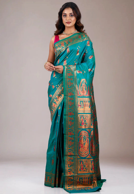 Bottle Green Baluchari Silk Saree with Blouse Piece