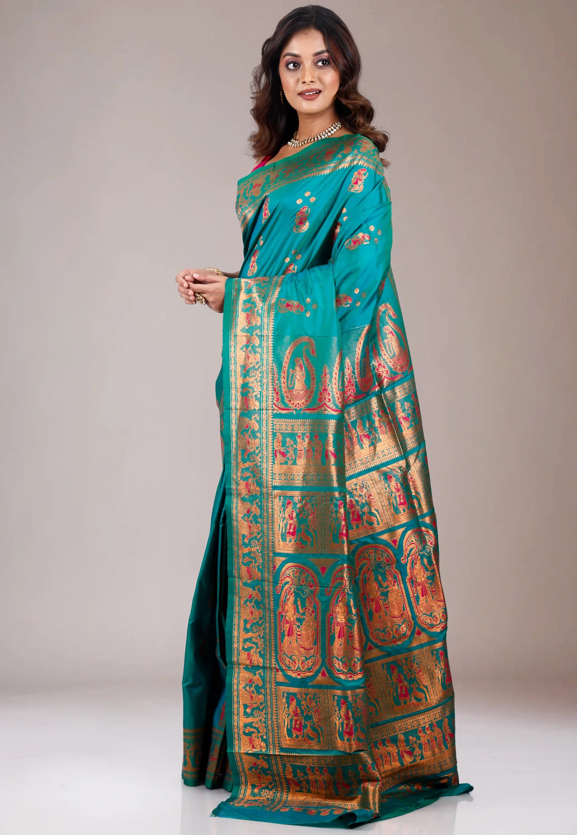 Bottle Green Baluchari Silk Saree with Blouse Piece
