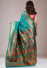 Bottle Green Baluchari Silk Saree with Blouse Piece