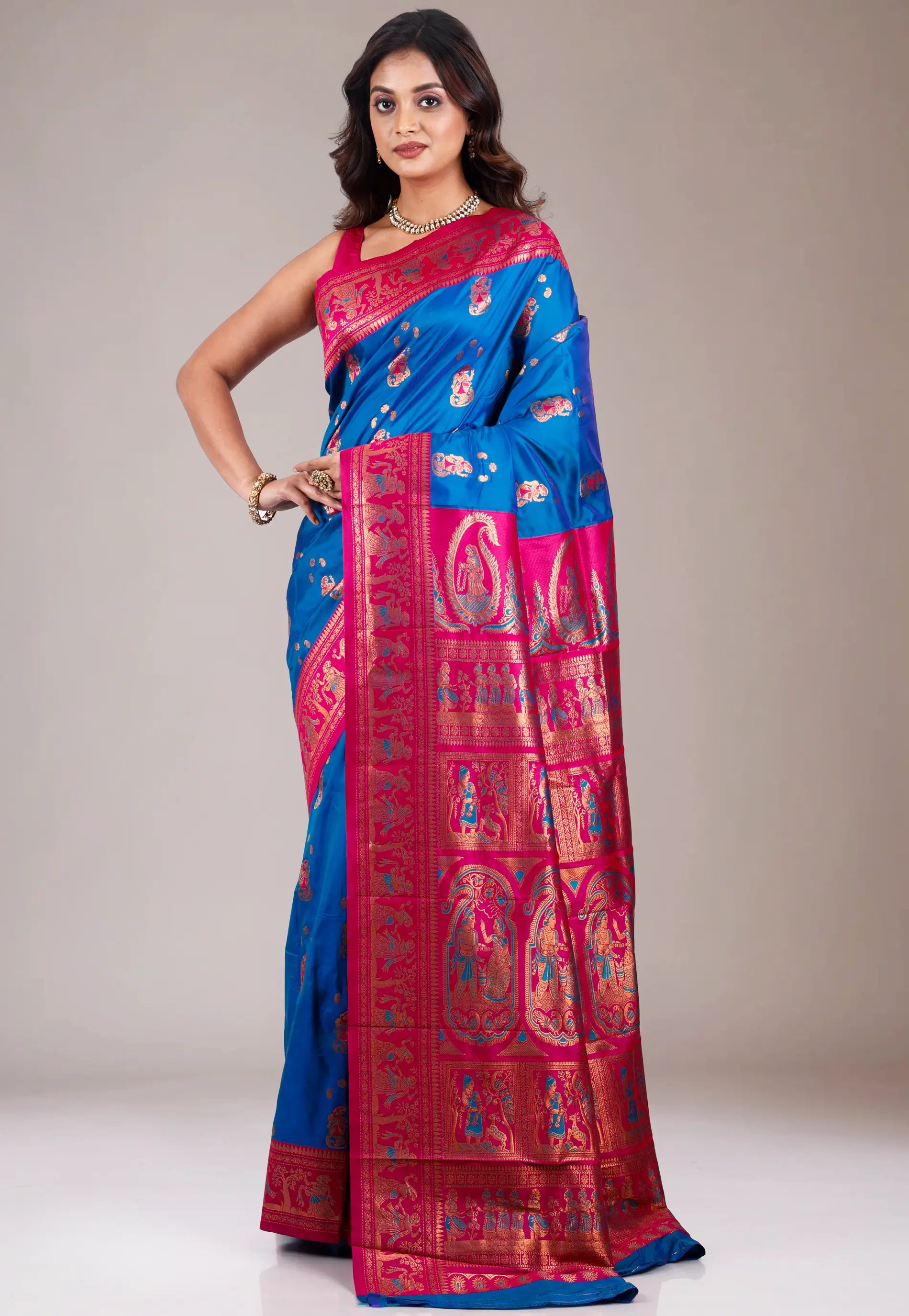 Royal Blue Baluchari Silk Saree with Blouse Piece
