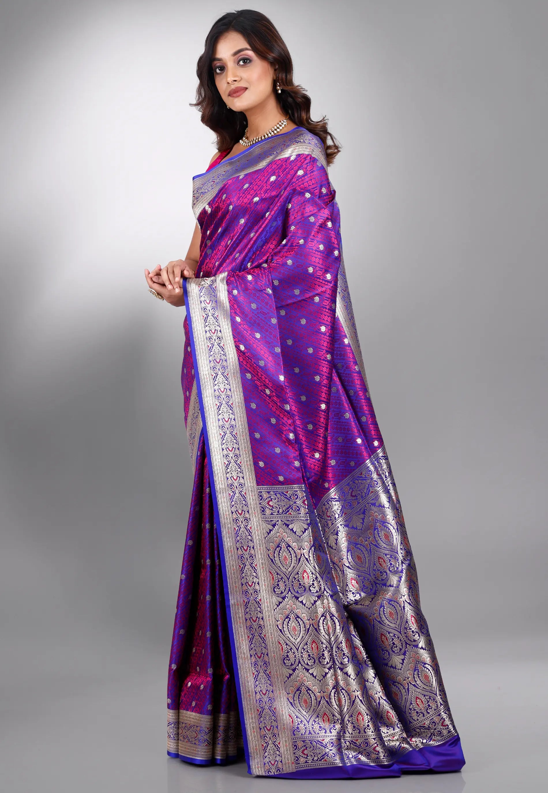 Dual Shades of Magenta Pachmina Wedding Banarasi Silk Saree with Blouse Piece