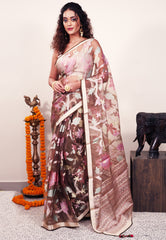 Brown Kora Silk Saree With Blouse Piece