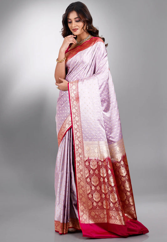 Purple with Rani Border Pastel Benarasi Saree With Blouse Piece