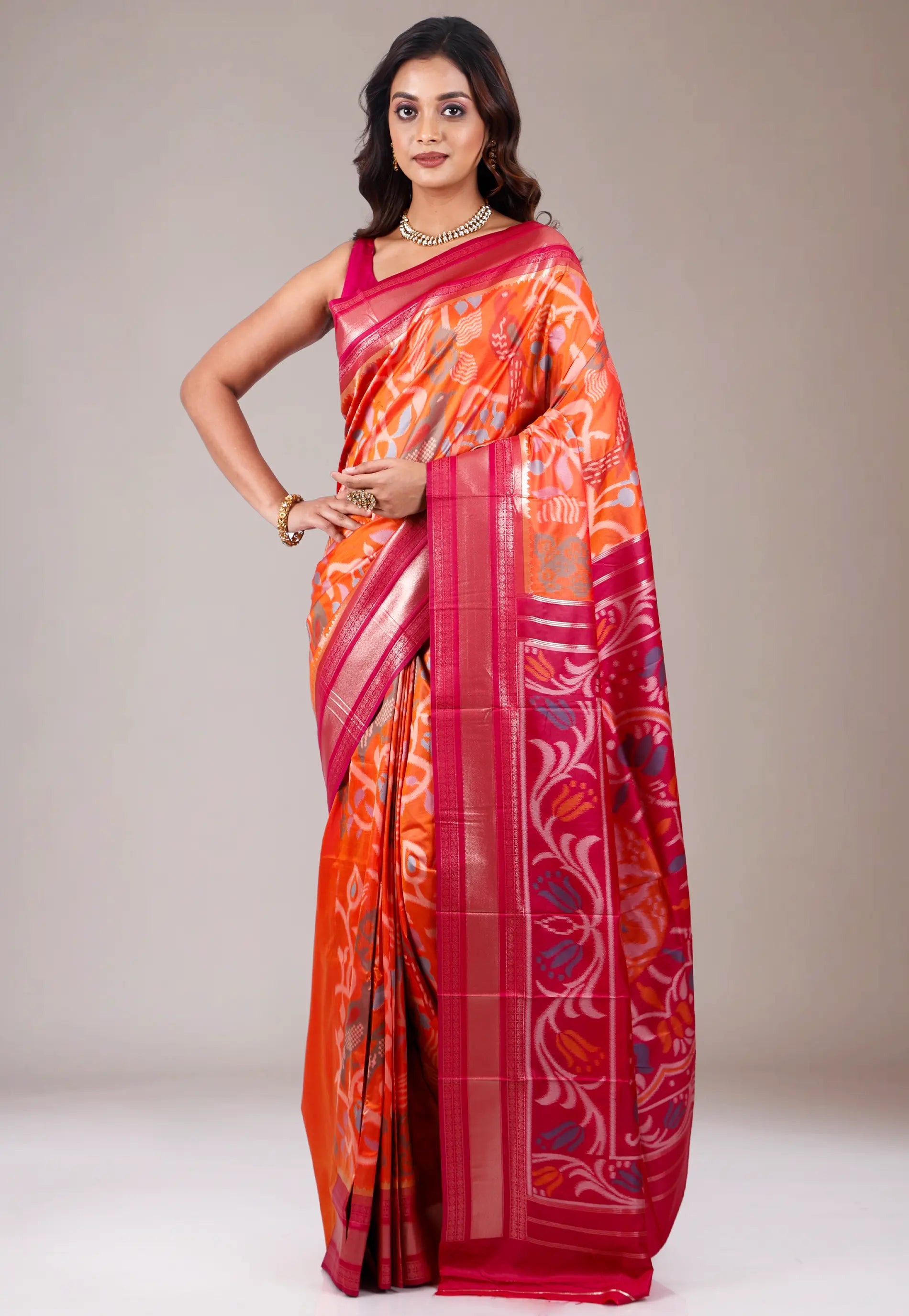 Orange with Red Border Ikkat Saree With Blouse Piece