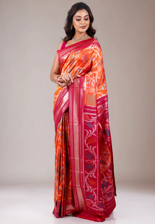 Orange with Red Border Ikkat Saree With Blouse Piece