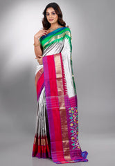 Grey with Ganga-Jamuna Border (Green and Red) Handloom Ikkat Saree With Blouse Piece