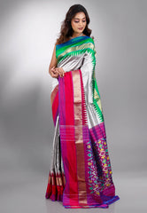Grey with Ganga-Jamuna Border (Green and Red) Handloom Ikkat Saree With Blouse Piece