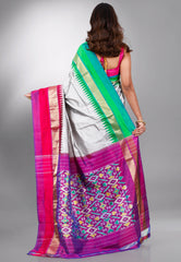 Grey with Ganga-Jamuna Border (Green and Red) Handloom Ikkat Saree With Blouse Piece