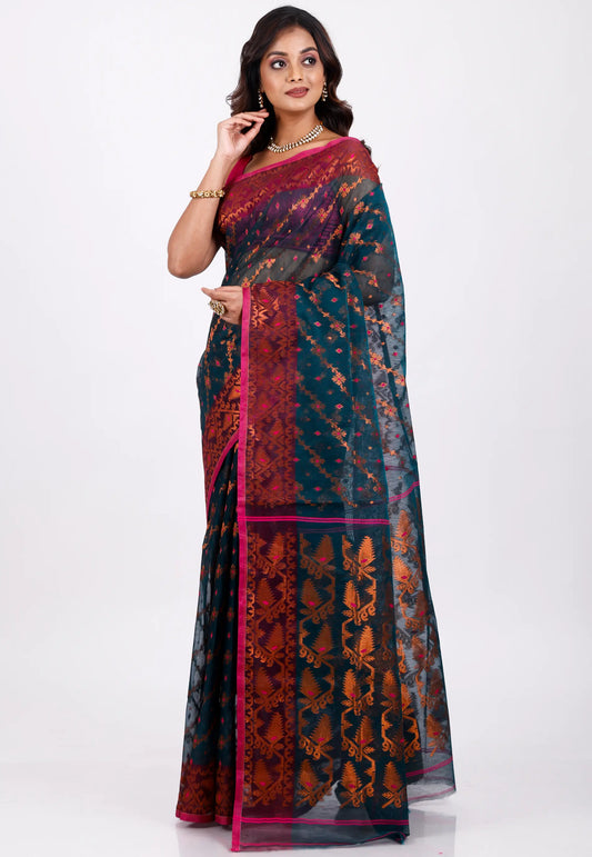 Blue Dhakai Jamdani Cotton Saree without Blouse Piece