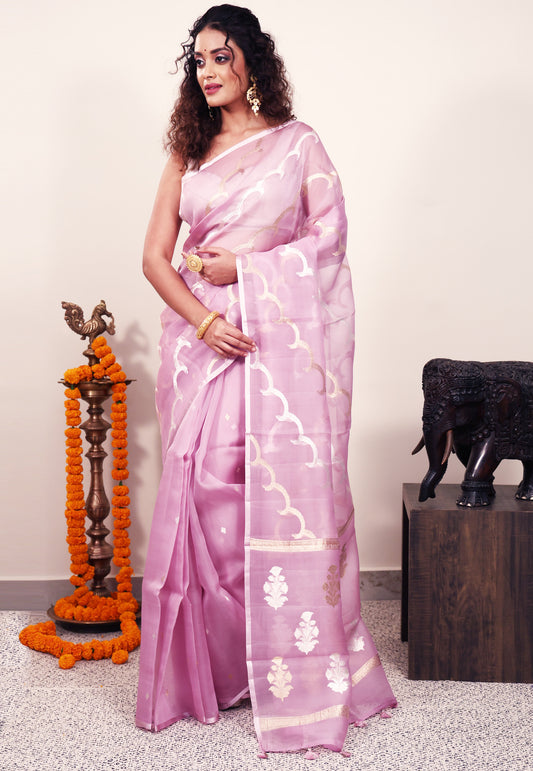 Mauve Kora Silk Saree With Blouse Piece