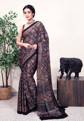 Black Ajrakh print in Modal Silk Saree With Blouse Piece