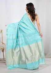 Sea Blue Pure Katan Silk Saree With Blouse Piece - Adi Akshoy & Co