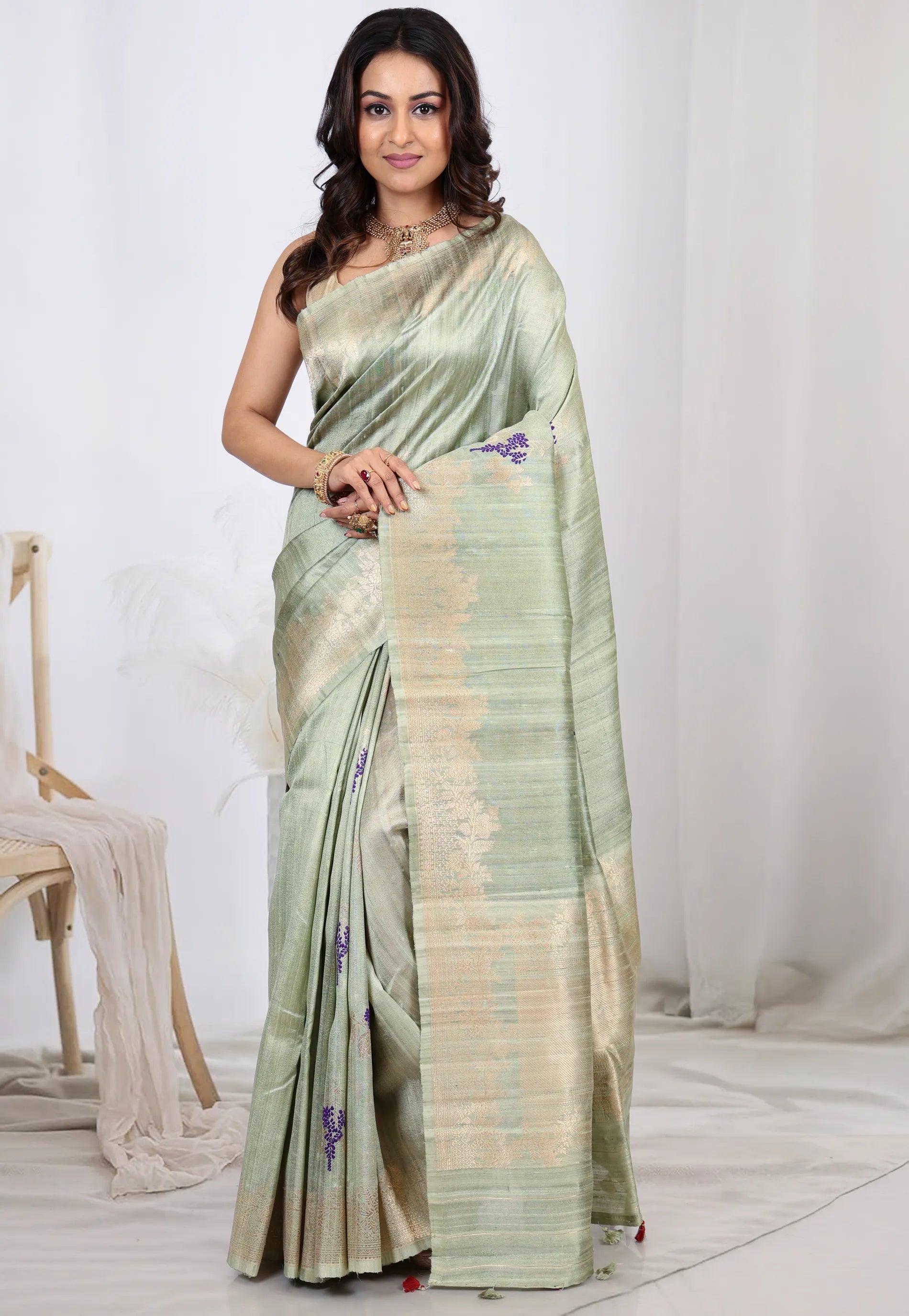 Light Green Blue Pure Tussar Silk with Copper Border with Blouse Piece - Adi Akshoy & Co