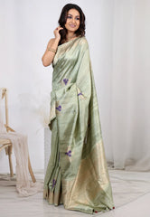 Light Green Blue Pure Tussar Silk with Copper Border with Blouse Piece - Adi Akshoy & Co