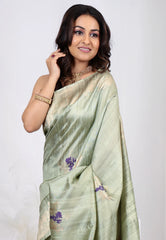 Light Green Blue Pure Tussar Silk with Copper Border with Blouse Piece - Adi Akshoy & Co