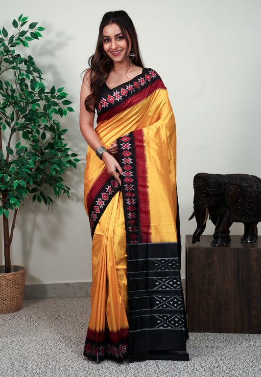 Yellow with Black Border Ikkat Saree With Blouse Piece