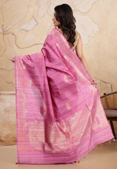 Rani Pink Pure Tussar Silk with Blouse Piece - Adi Akshoy & Co.